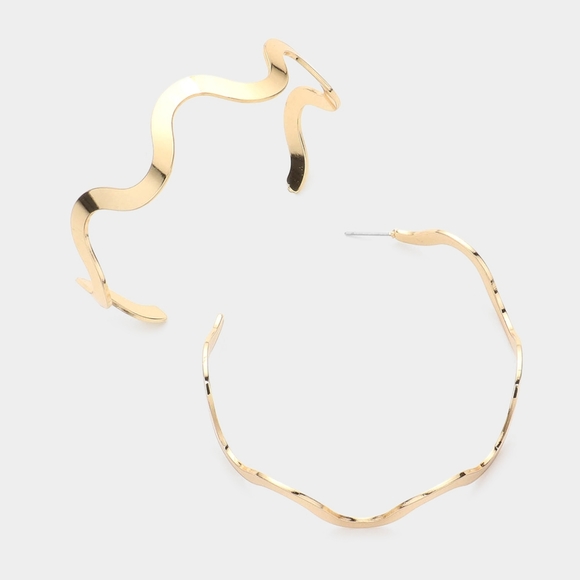 Gold Wavy Hoop Earrings 2.5" Casual Simple Jewelry Fashion Accessories - Picture 1 of 2